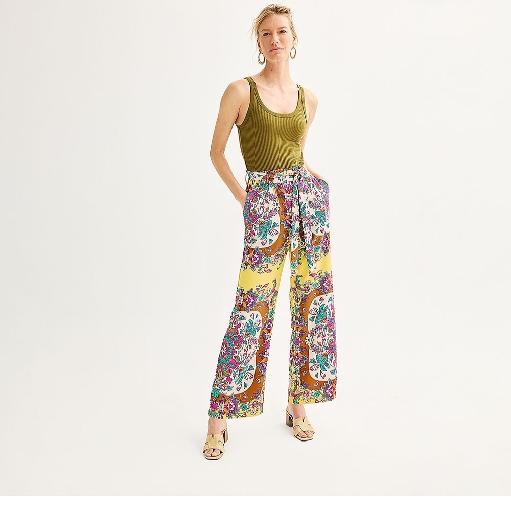 Intempo Yellow and Brown Wide Leg Pants with Vibrant Print Bnwot